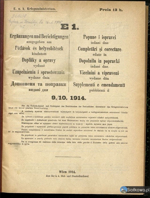Poszkodowani z Siołkowej podczas I Wojny Światowej