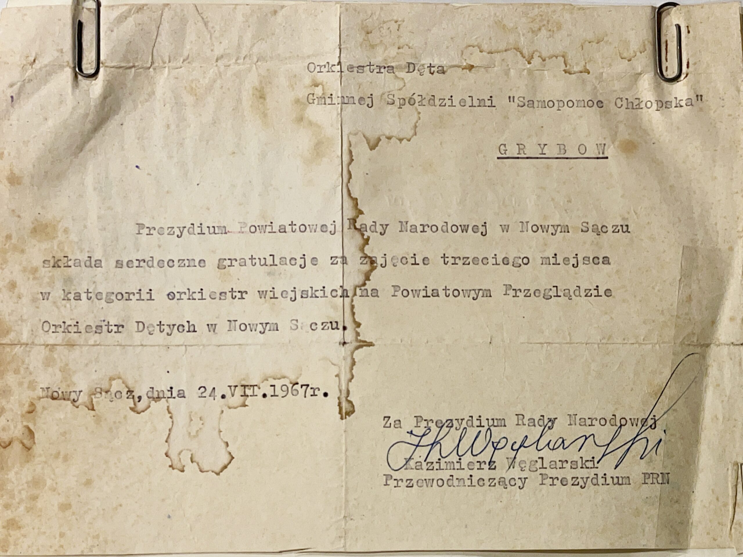 Lipiec 1967 – III miejsce na Powiatowym Przeglądzie Orkiestr Dętych i dotacja na instrumenty